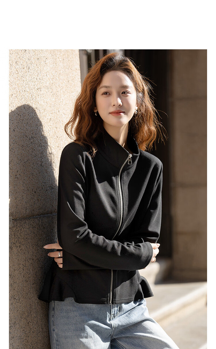 Demana Sandwashed Air Layer Spring Korean Style Stand Collar Ruffle Slim Fit Petite Women's Casual Jacket 20