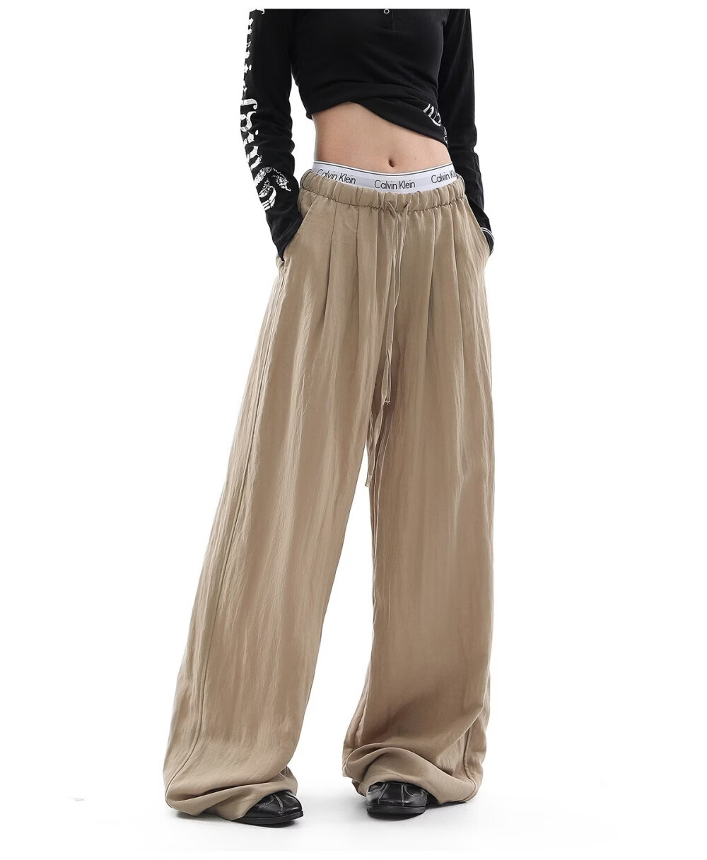 ICH MODE Women's Draped Linen Casual Pants New Loose Straight Wide-Leg Trousers Sports Pants Four Seasons Navy Blue S 23
