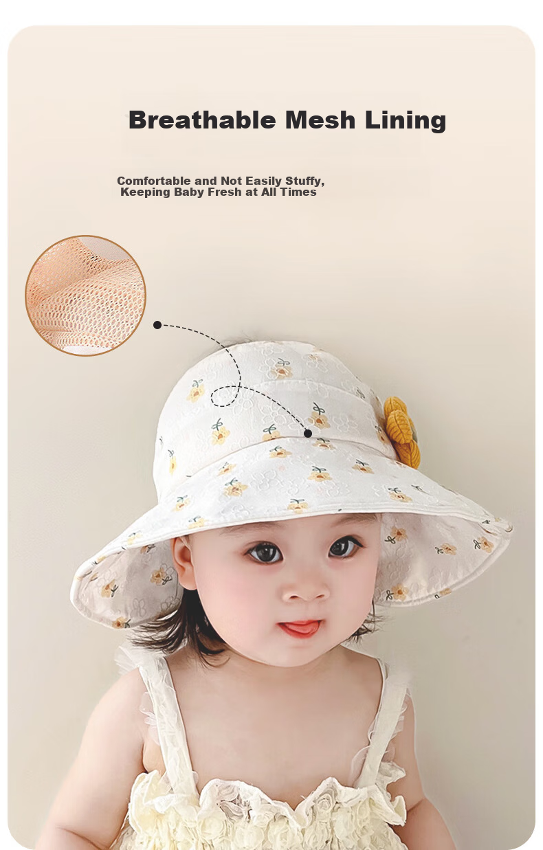 Aibao Baby Summer Sun Hat for Girls, Open-Top Sun Protection Hat with Large Brim, Yellow Floral T182 4
