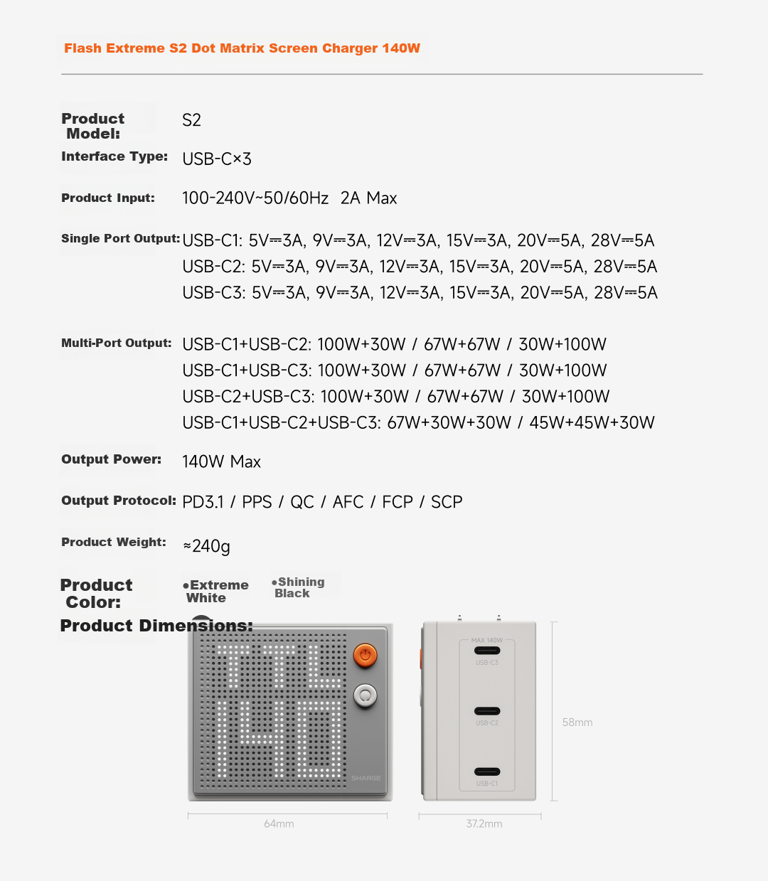 SHARGE [Flash Extreme China Aircraft Carrier Collaboration] Dot Matrix Screen Smart Display 67W GaN Apple 17 Pro Charger Type-C Multi-Port PD 65W and 40W Fast Charging Adapter Blue 36