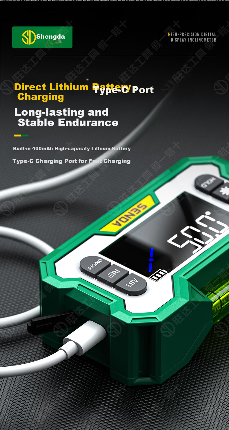 Shengda High-Precision Digital Inclinometer Box Electronic Digital Display Green Light Level with Magnetic Angle Meter Slope Gradient Ruler 14