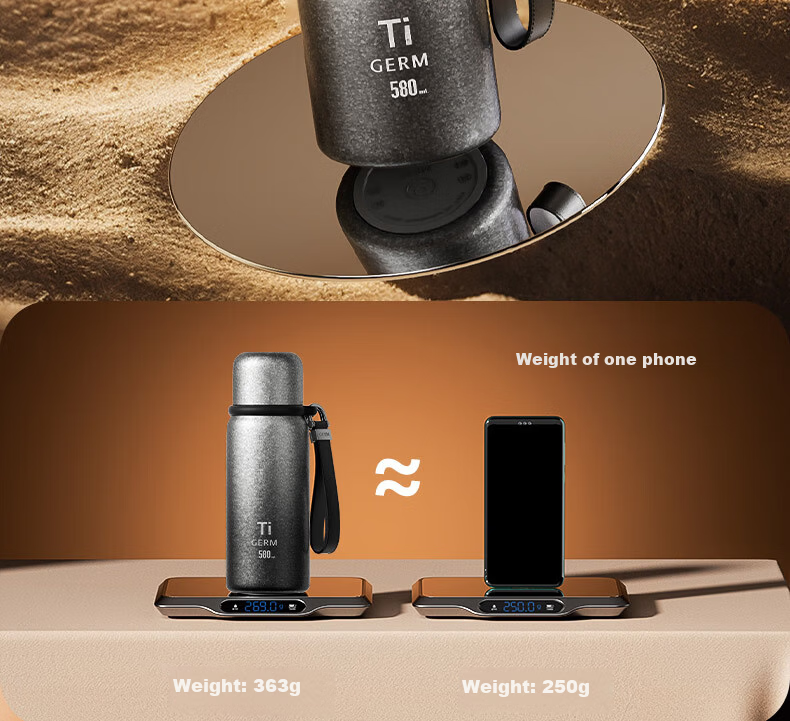 Germ Pure Titanium Insulated Water Bottle for Men and Women with Temperature Display, Direct Drinking Tea Cup, High-End Gift, 580ML Black Gold 13