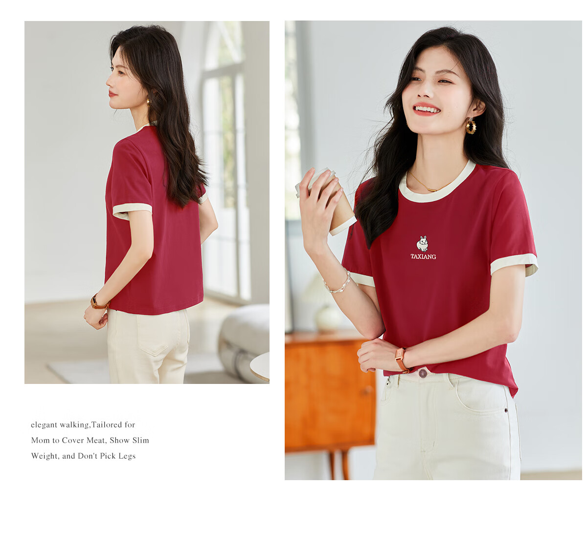 Taxiang Long-Sleeve T-Shirt for Women, Fashionable Small V-Neck Contrasting Color Spliced Top, Versatile Spring And Autumn Wear, Base Layer Shirt T143T2033 17