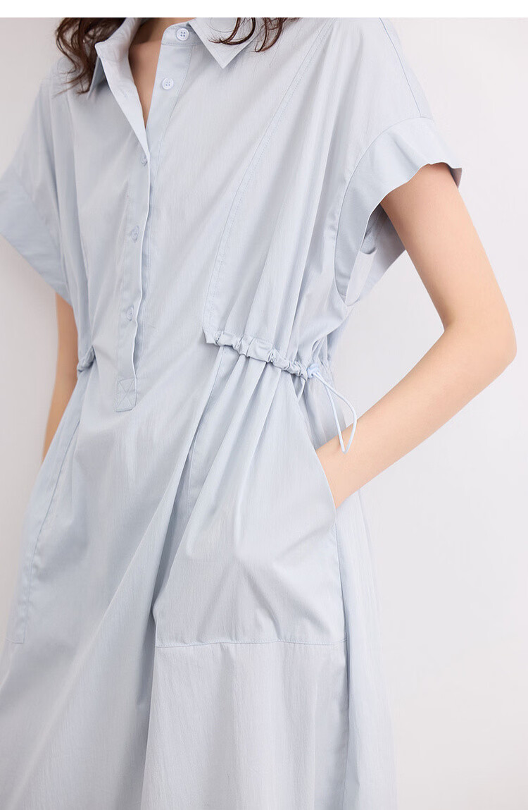 Demana [Cloud Cotton Whisper] Summer Simple Style Lapel Half-Placket Drawstring Waist Loose Casual Mid-Length Dress for Women 16