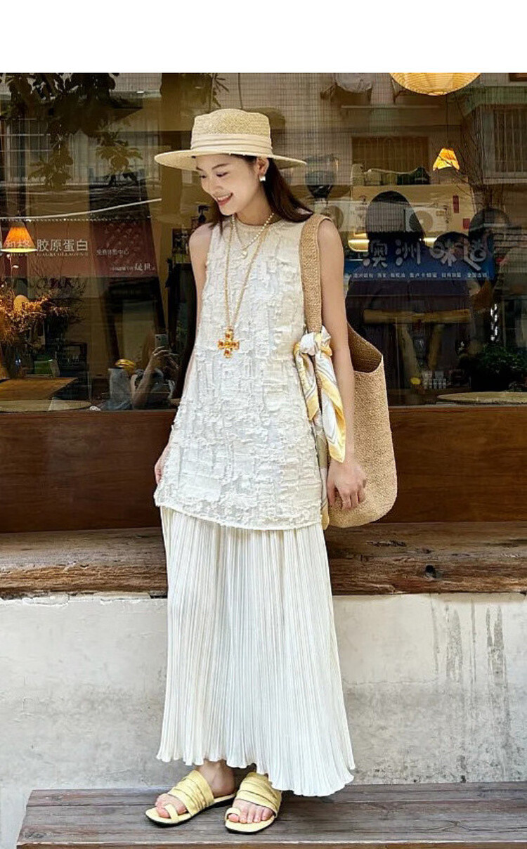MT "Flowing Moonlight" Summer Small Chanel Style Cutwork Texture Sleeveless Spliced Pleated Hem Dress for Women High-End Feel 3