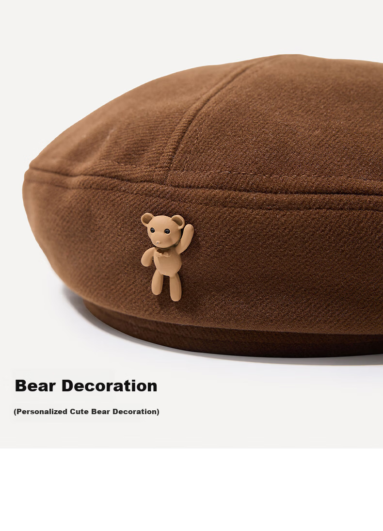 XUEXIMAN Japanese Vintage Cartoon Bear Brown Wool Beret Women's Fashionable Elegant Painter Hat 19