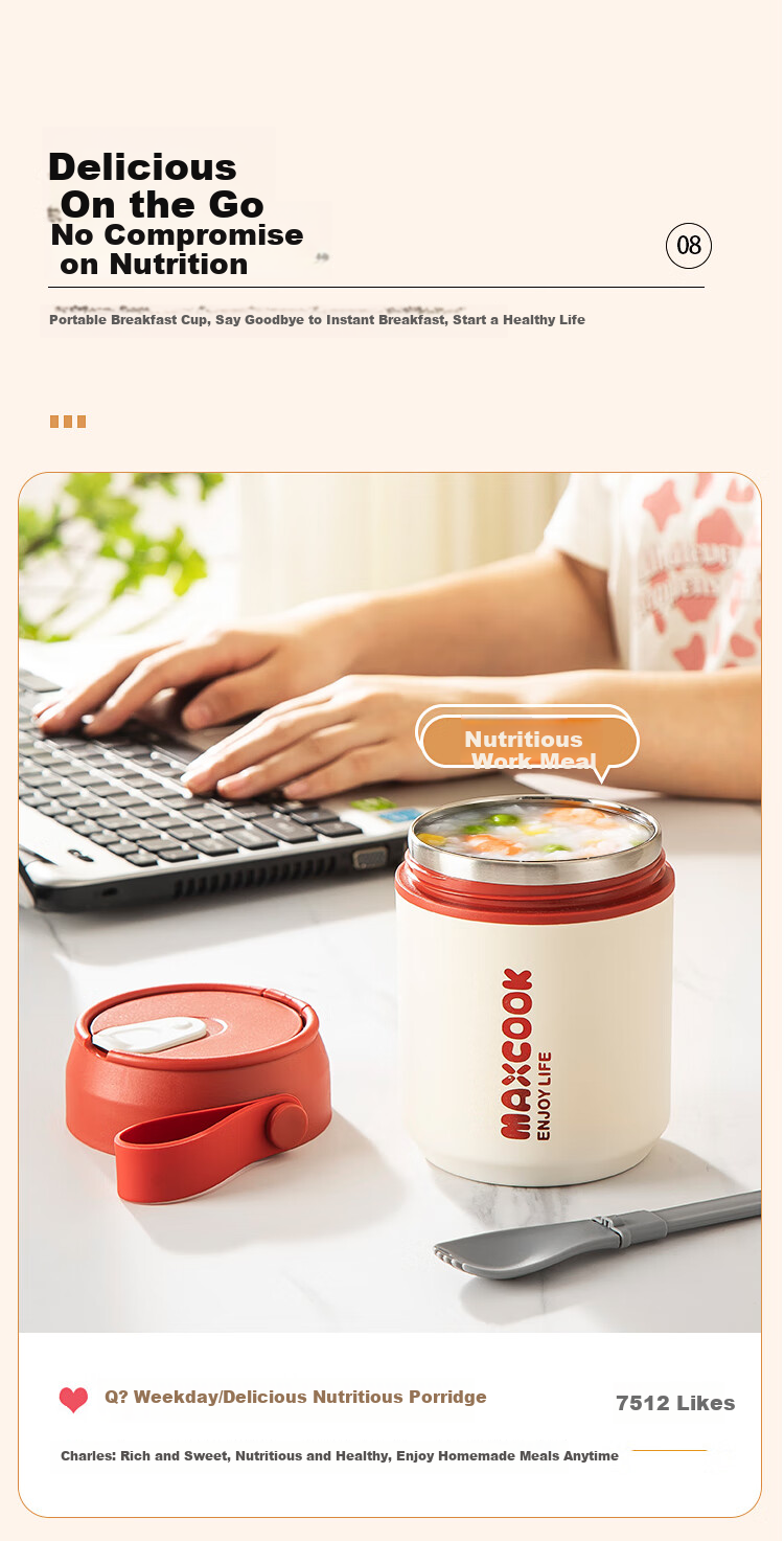 MAXCOOK Portable 316 Stainless Steel Insulated Soup Cup, Breakfast Milk Cup with Spoon and Straw, Model MCB6568 7