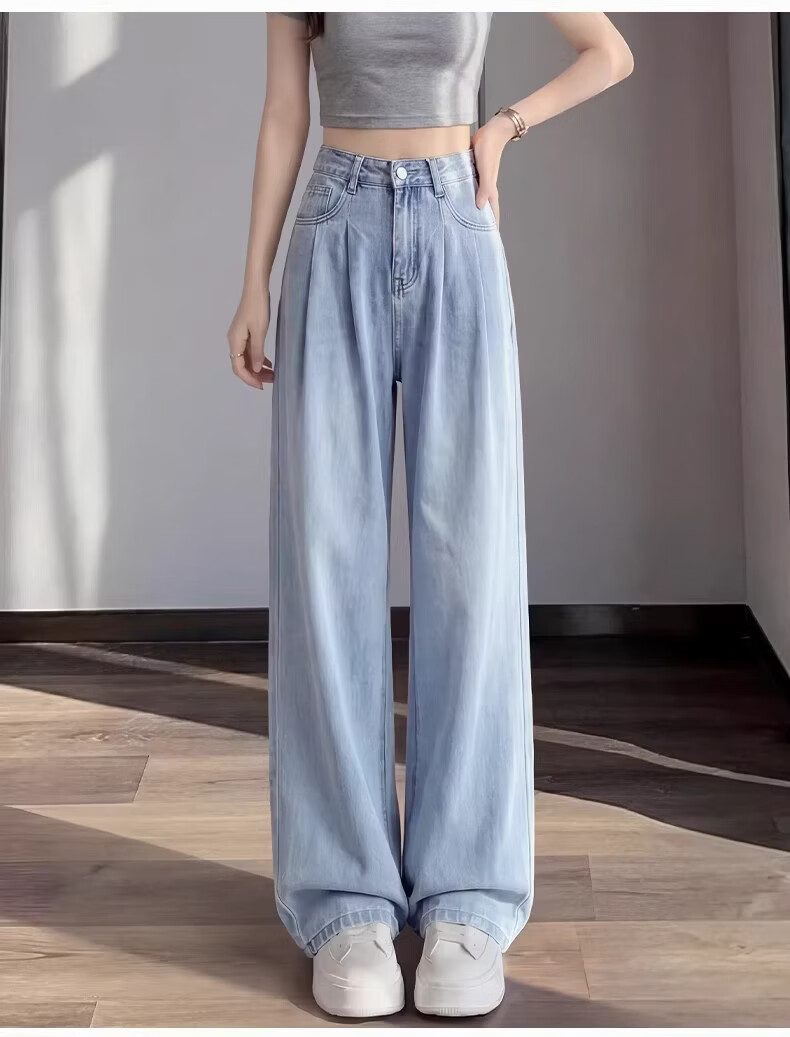 Langsha Straight-Leg Jeans for Women Summer Thin 2026 New Tencel Wide-Leg Pants High-Waist Cropped Curved Pants for Petite 18