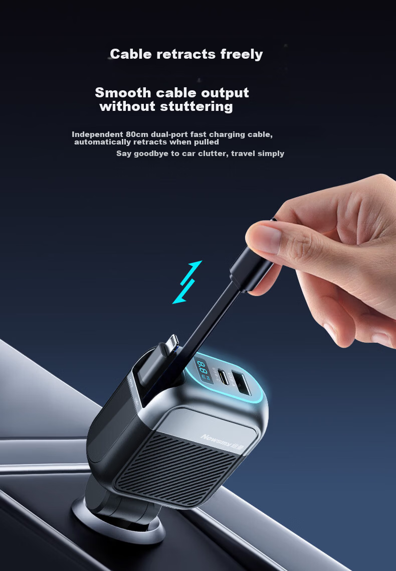 Newsmy Car Charger Super Fast Charging with Retractable Cable Multi-Function 3-in-1 Cigarette Lighter Adapter Car Charger 7