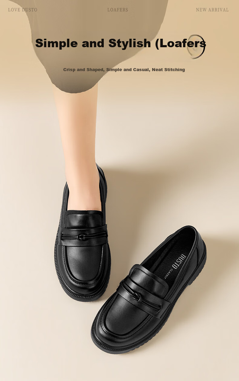 Dustodusto Women's Fashion Leather Shoes 2026 Spring New British Style Loafers Round Toe Lightweight Soft Sole Single Shoes 1