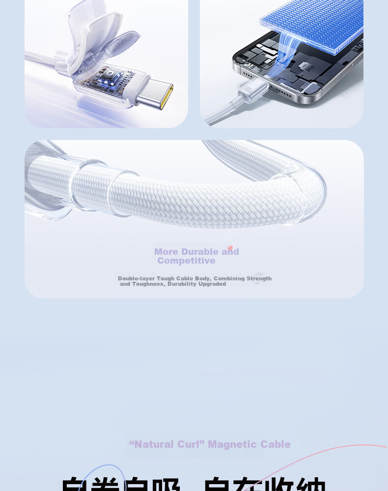 Baseus Magnetic Dual-Head Type-C PD 100W Fast Charging Cable for Huawei Honor Xiaomi Apple iPad Laptop Phone 1m Pink 3