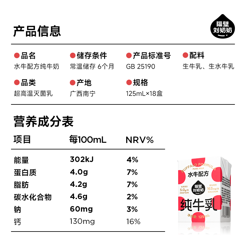 隔壁刘奶奶【新鲜日期】水牛配方纯牛奶Mini奶125ml*18盒儿童奶早餐送礼礼盒
