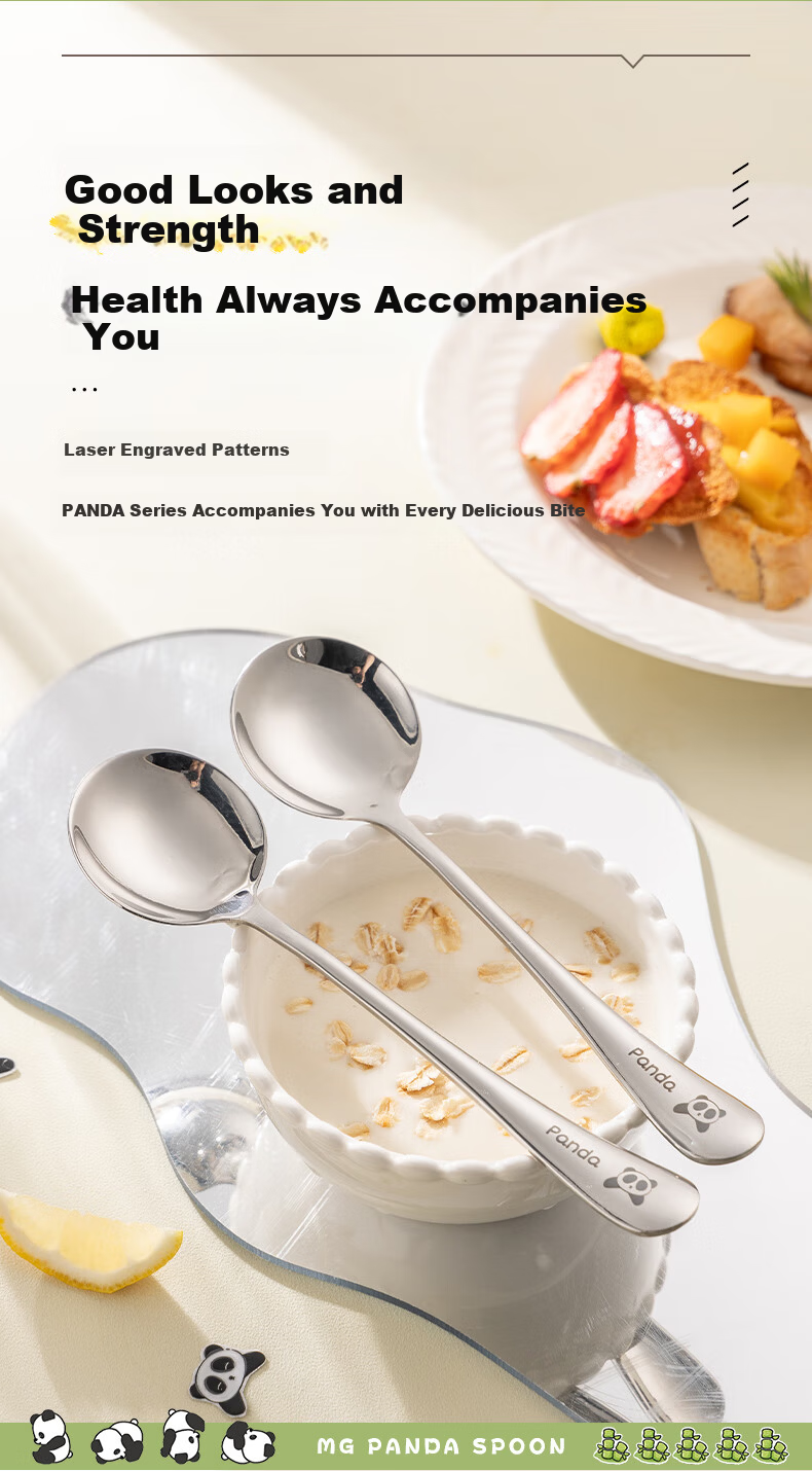 Guangyi 304 Stainless Steel Dinner Spoons, Children's Household Soup Spoons, Eating Spoons for Restaurants, Panda-Shaped Round Spoons, Set of 2, GY1425 12