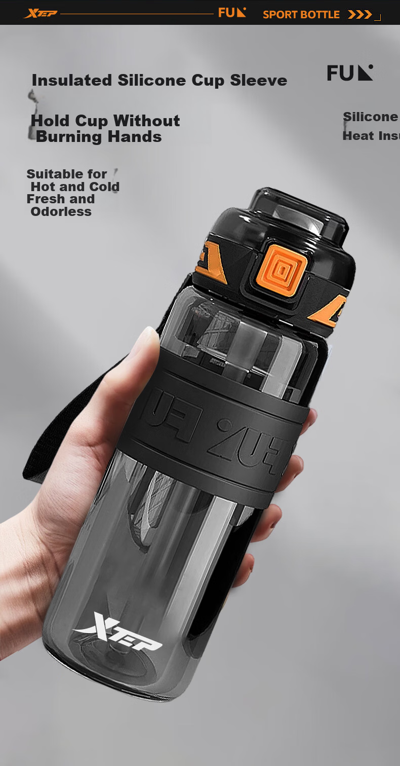 XTEP Sports Water Bottle, Large Capacity, for Students And Children, School Use, Suitable for Men And Women, Fitness Portable Cup, Heat-Resistant, Summer Cup, Black 9