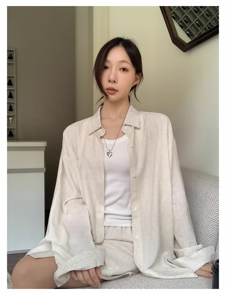 ICH MODE "Bangkok Holiday" Linen Shirt Women Lazy Style Physical Sun Protection Long Sleeve Shirt Linen Color L 25