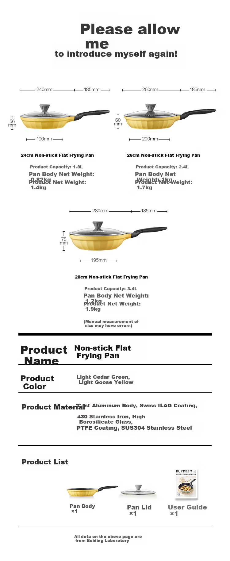 Buydeem Non-Stick Frying Pan Grill Skillet Induction Gas Stove Cooking Pan 26cm Light Yellow 16
