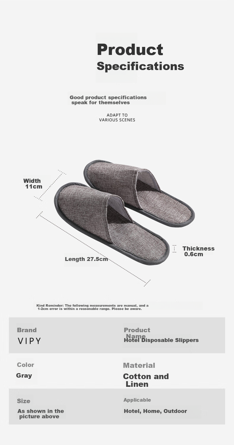 VIPY Disposable Slippers 10 Pairs Thickened Non-Slip Guest Home Hotel Slippers Gray Size 35-44 1