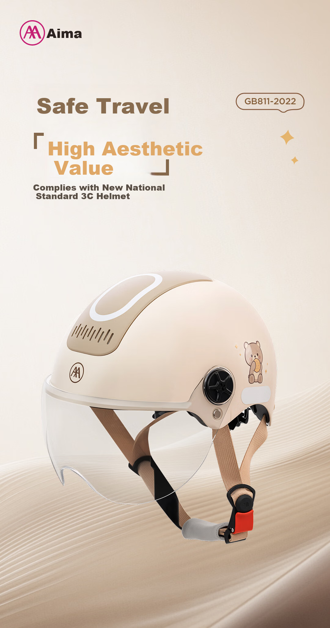 AIMA Electric Motorcycle Helmet Unisex Sun Protection Summer Half Helmet Four Seasons Universal Electric Scooter Safety Helmet Class A 3C Certified Happy Little Bear - Light Khaki 1