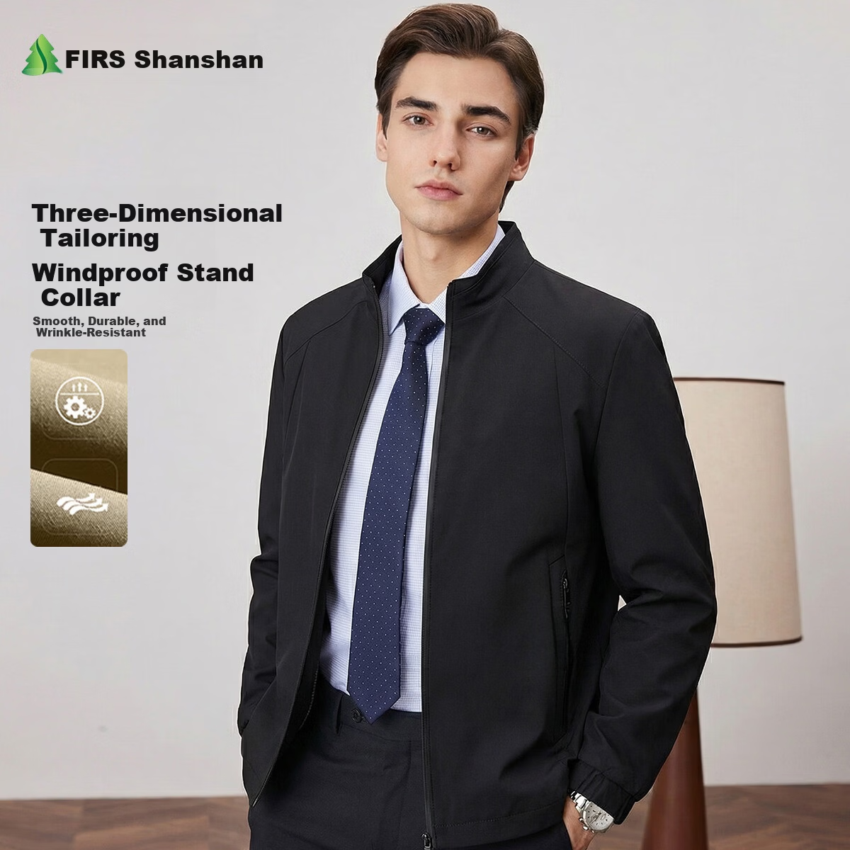 FIRS 3D Tailored Men's Windproof Jacket with Stand Collar, Smooth, Durable, Comfortable Business Casual Outerwear