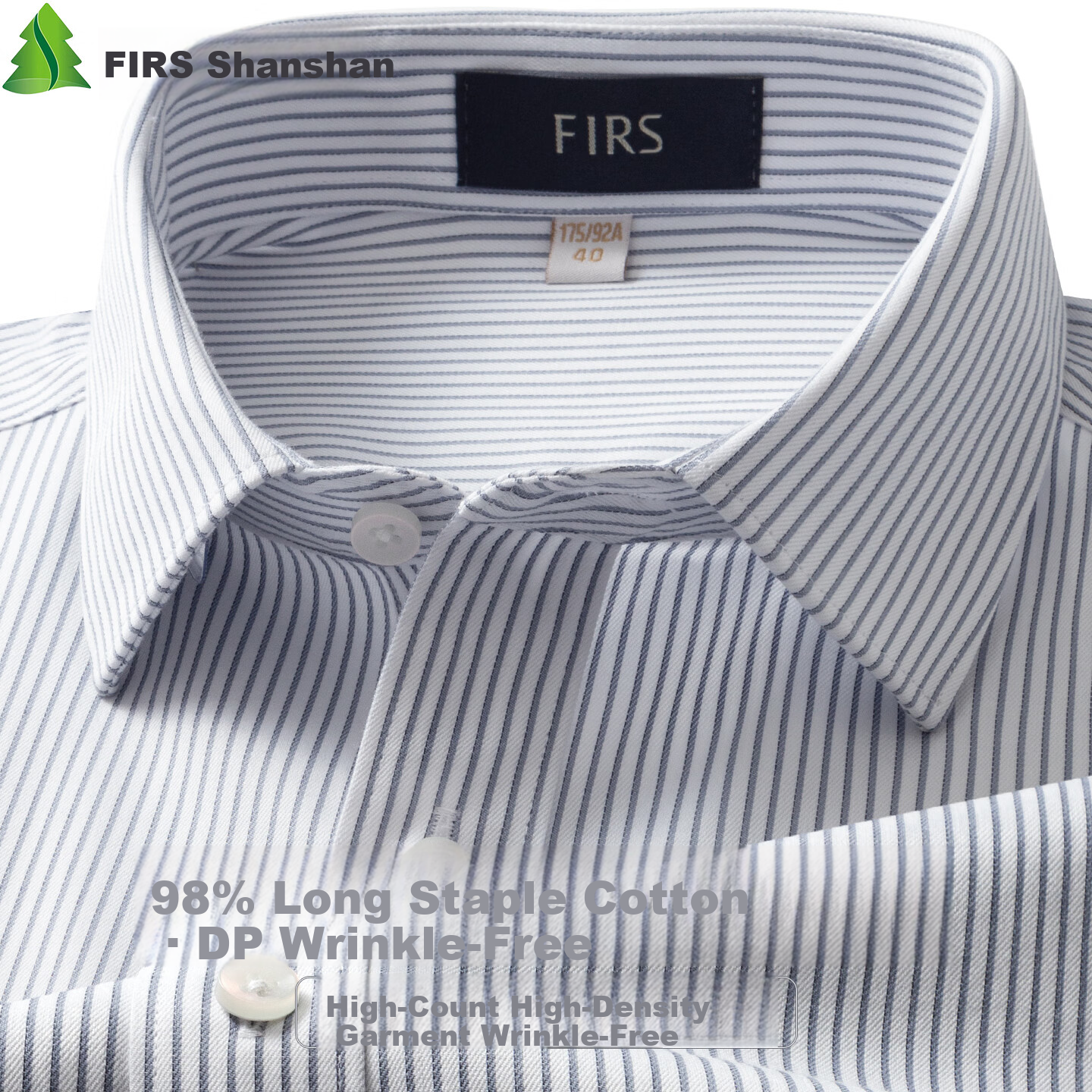 FIRS DP Non-Iron Dress Shirt Men Long Sleeve Casual Business Premium Long-Staple Cotton Gray Striped 40