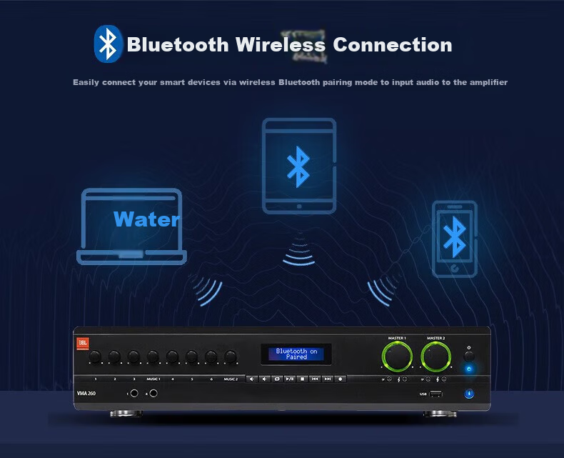JBL VMA160 Amplifier Background Music Commercial Public Address Conference Room Store Restaurant Constant Voltage and Constant Impedance Amplifier Bluetooth USB Microphone Interface 6