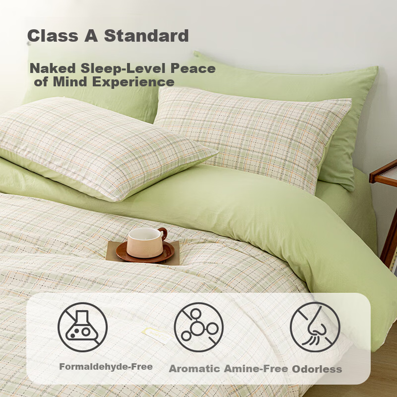 Hengyuanxiang 3-Piece Washed Cotton A-Class Antibacterial Double-Sided Brushed Bedding Set, Light Green Plaid, 1.5*2m