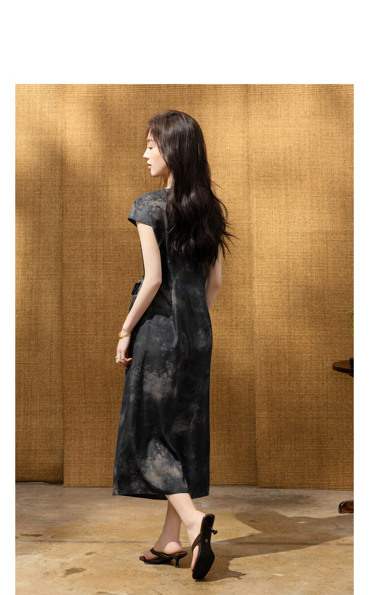Demana [Tuberose] Summer National Style New Chinese Shoulder-Covered Sleeve Printed Knot Waist Slimming Dress for Women Premium 9