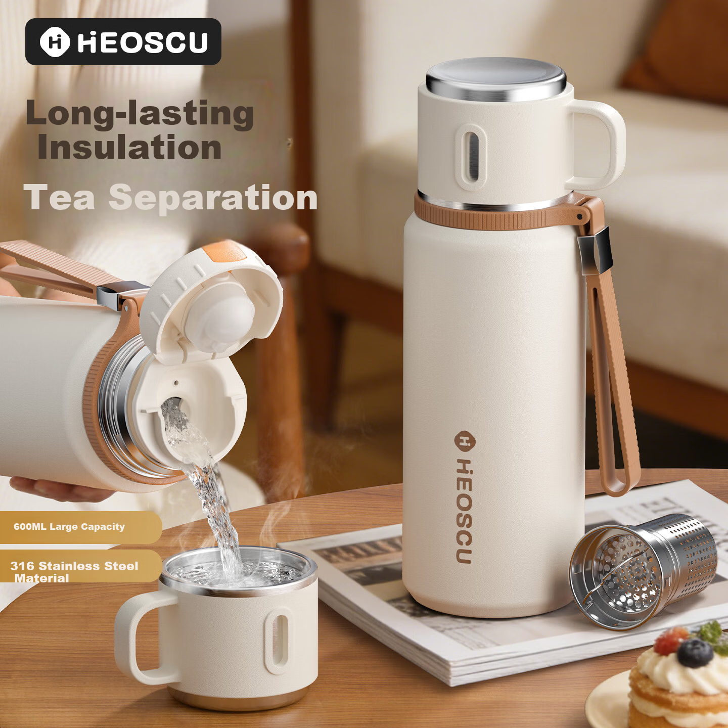 HEOSCU Large Capacity Insulated 316 Stainless Steel Water Bottle Tea Separation Steeping Cup Portable with Lid for Men and Women
