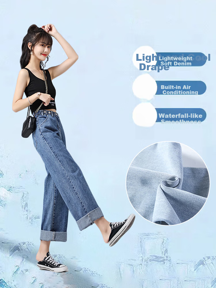Jeanswest Women's Summer Thin High-Waist Wide-Leg Slim Straight-Leg Light Blue Jeans S 4