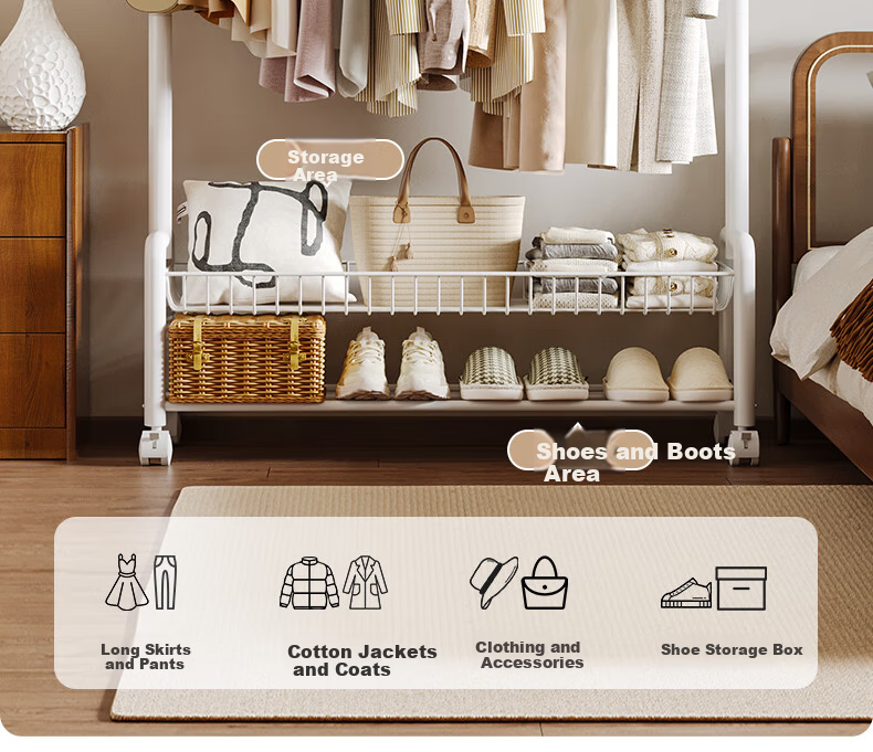 Yicai Nianhua Floor Clothes Drying Rack with Net and Wheels Multifunctional Bedroom Clothes Rack with Storage Basket and Coat Hanger 1255 5
