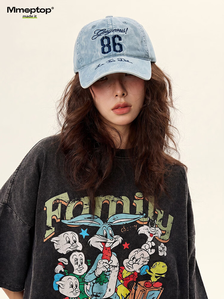 MMOPTOP Heavy-Duty Washed Blue Combed Cotton Embroidered Letter Baseball Cap Versatile Face-Slimming Sunshade Visor Hat 7