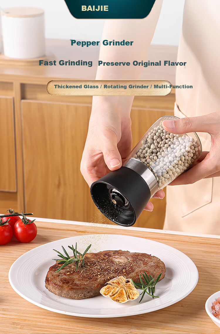 Baijie Sea Salt Grinder Manual Pepper Mill Black Pepper Sichuan Pepper Seasoning Bottle Ceramic Grinding Core 150ml 1