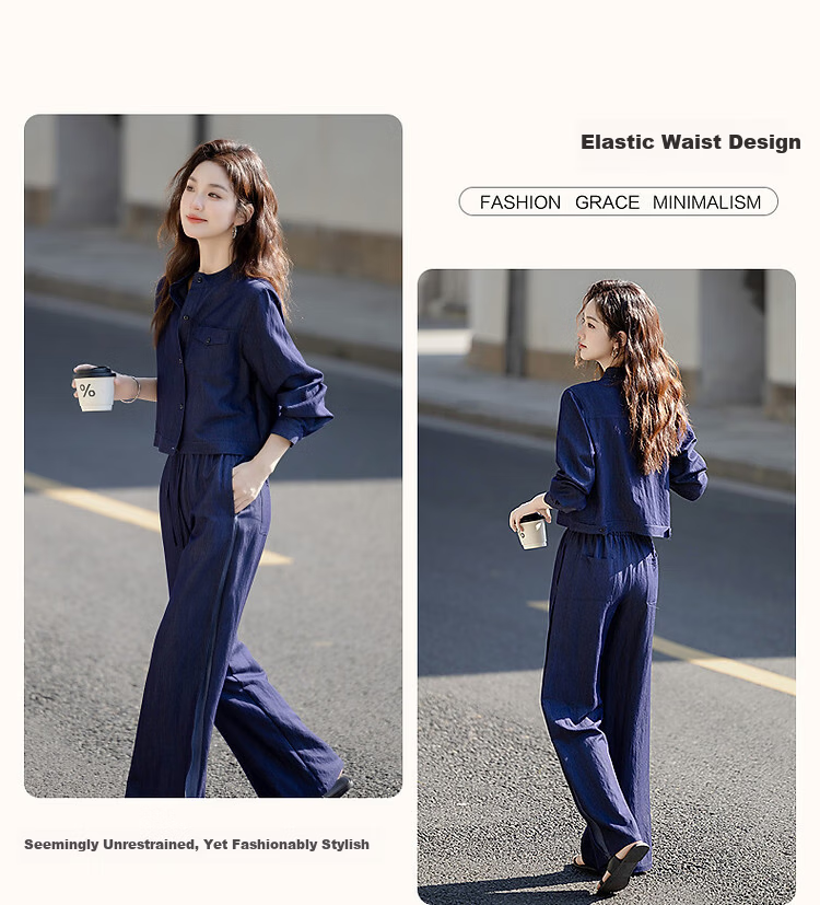 Demana Hong Kong Style Denim Set Spring Vintage Relaxed Fit Crew Neck Top Elastic Waist Wide Leg Pants Women's Two-Piece Set 4