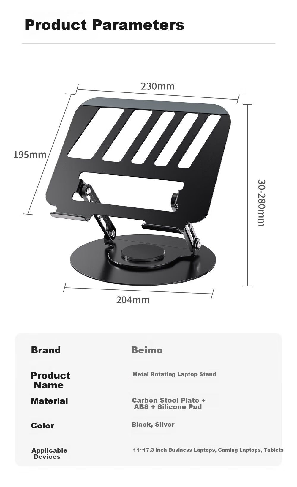 Beimo Laptop Stand with Wood Grain Surface, Adjustable Height, 360° Rotation, Suspended Desktop Stand, Suitable for Apple Mac, Lenovo Legion, Huawei Laptops, Silver Color 8
