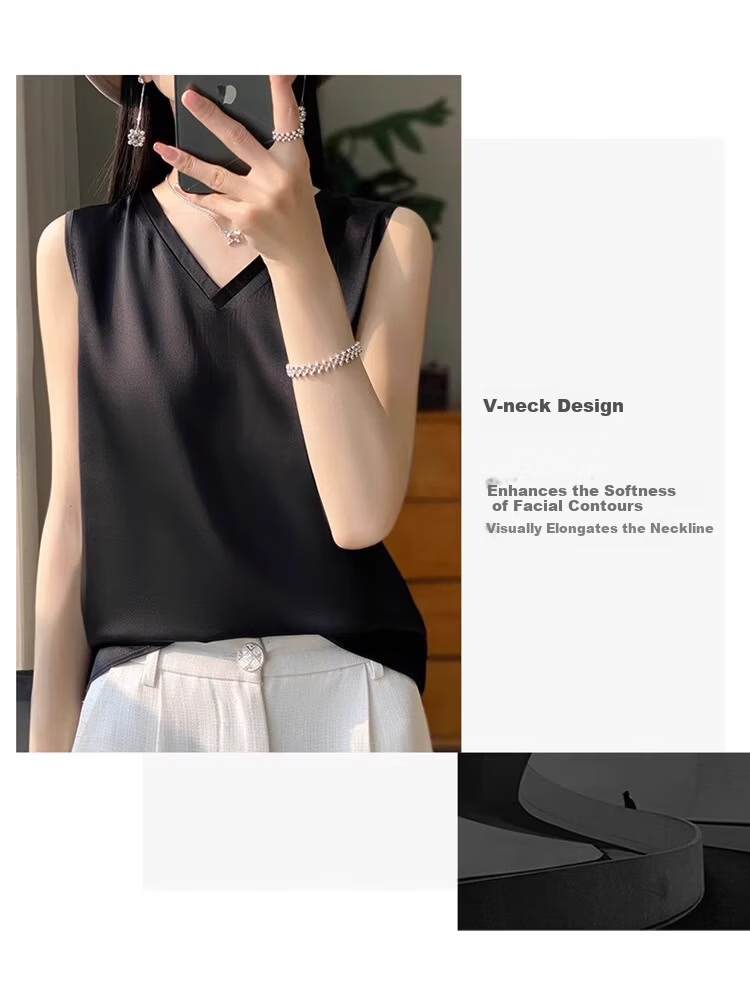 GUJIN Double V-Neck Premium Ice Silk Camisole Women's Innerwear Suit Base Layer Faux Silk Satin Tank Top Spring 4