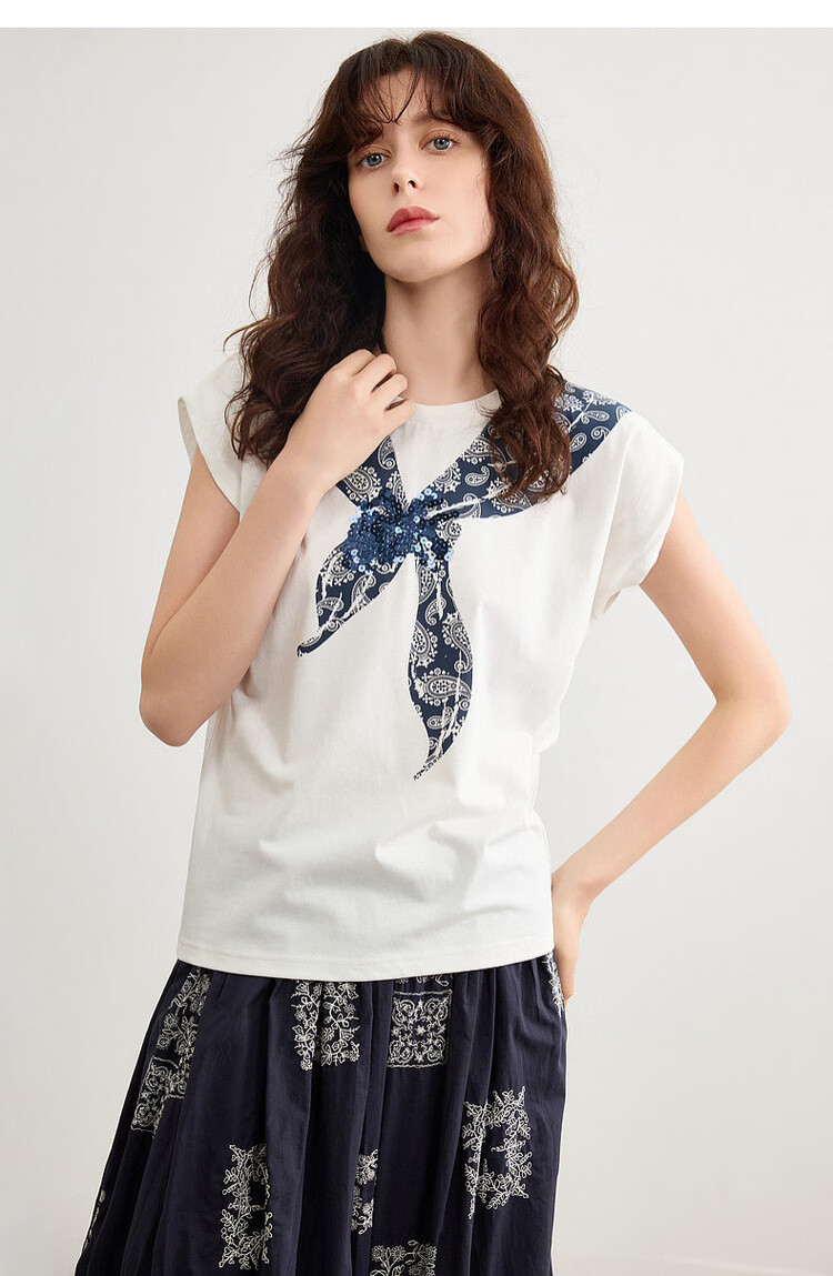 Demana [Cooling Black Technology Sorona] Summer Vintage Floral Bow Tie Round Neck Short Sleeve Loose Women's T-Shirt 16