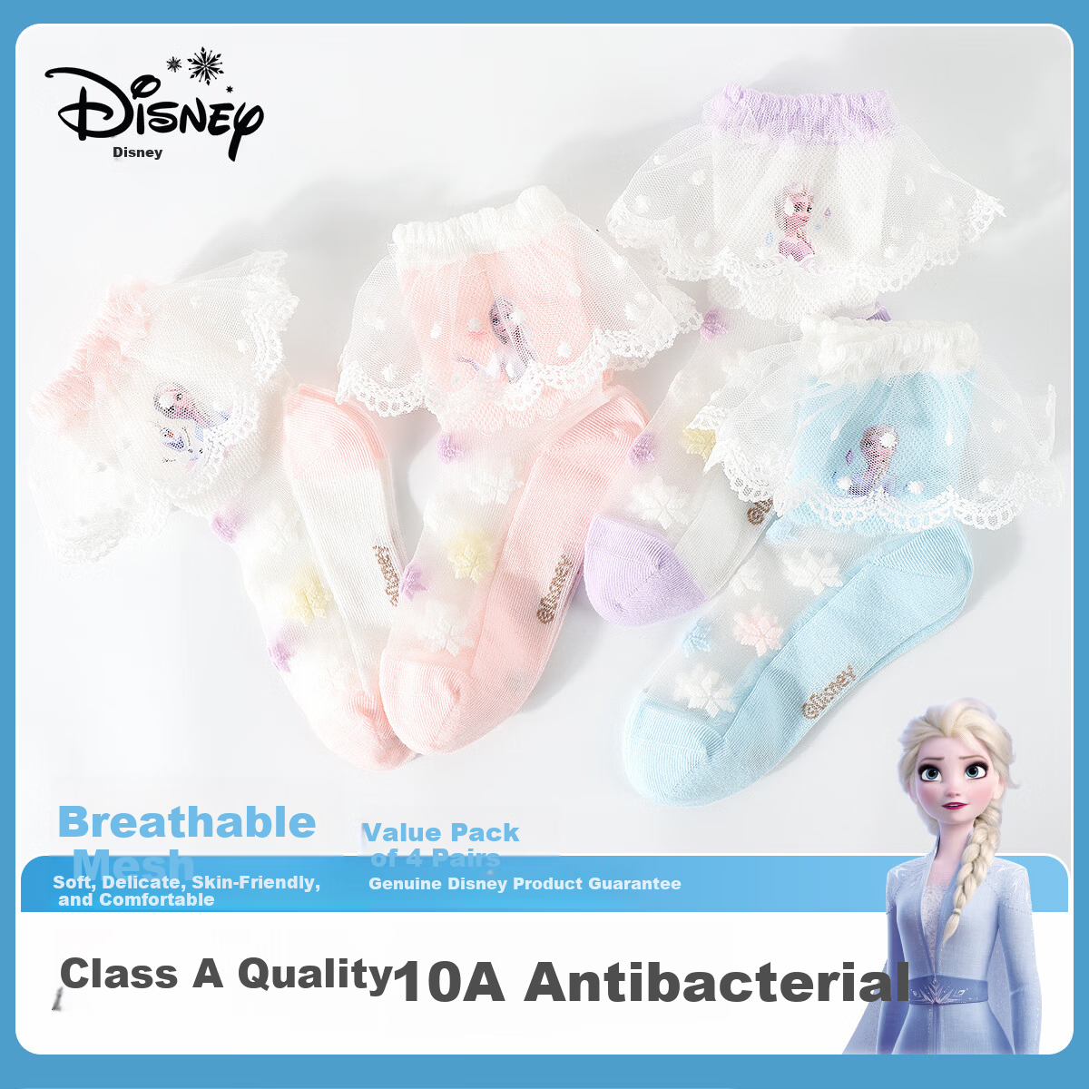Disney Kids Socks Spring Summer Mesh Breathable Girls Cotton Socks Frozen Lace Mid-Calf Socks DSP3582 4 Pairs 16-18cm