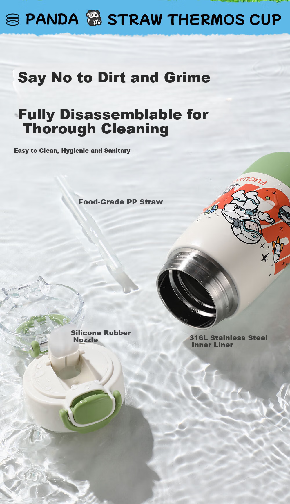 FGA Fuguang Kids Insulated Water Bottle Student Cup 316L Stainless Steel Straw Cup Flip Lid Portable Panda Blue 390ml 7