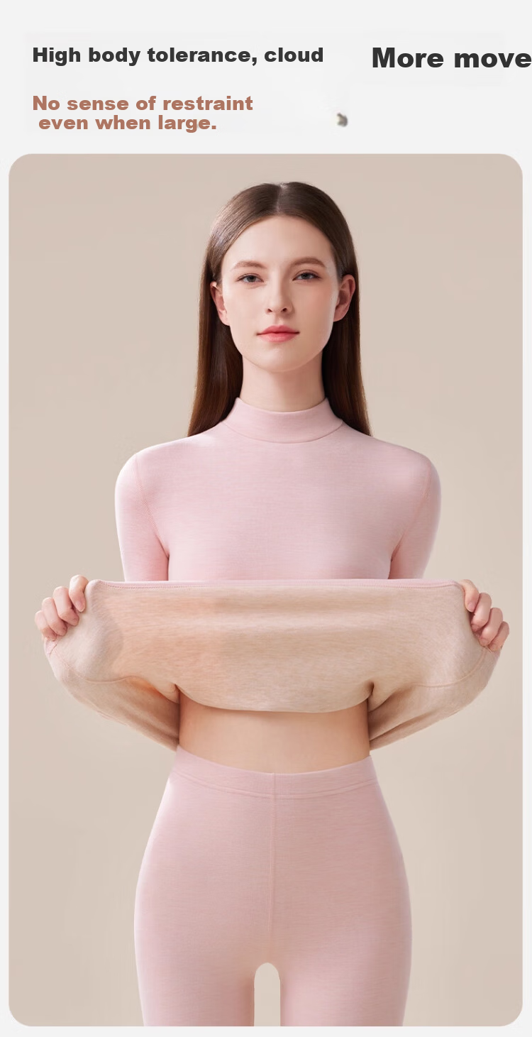 Tingmei 10A Antibacterial Thermal Underwear Women's Fleece Thickened Heating Cashmere Silk Half Turtleneck Autumn Top and Bottom Set Winter 5