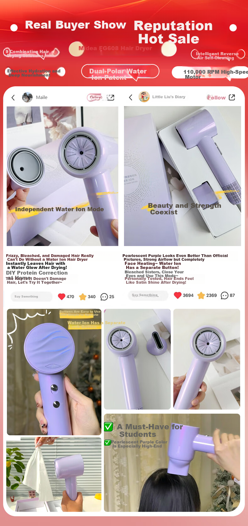 Midea High-Speed Hair Dryer, Water Ion Hair Protection, High-Power Quick-Drying Non-Damaging Hair Dryer, Home Negative Ion Hair Dryer FG608 Silver, Gift for Girlfriend, National Day Holiday Present 1