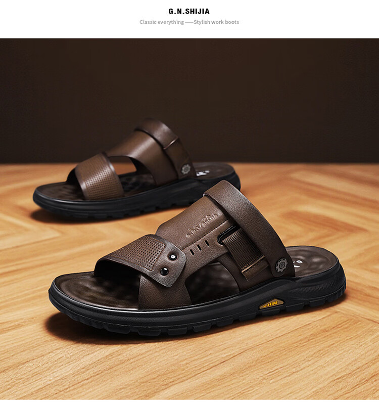 Bull Family Men's Leather Summer Sandals New Genuine Leather Thick Sole Beach Shoes Outdoor Dual-Wear Casual Slippers Middle-Aged and Elderly Dad Shoes 18
