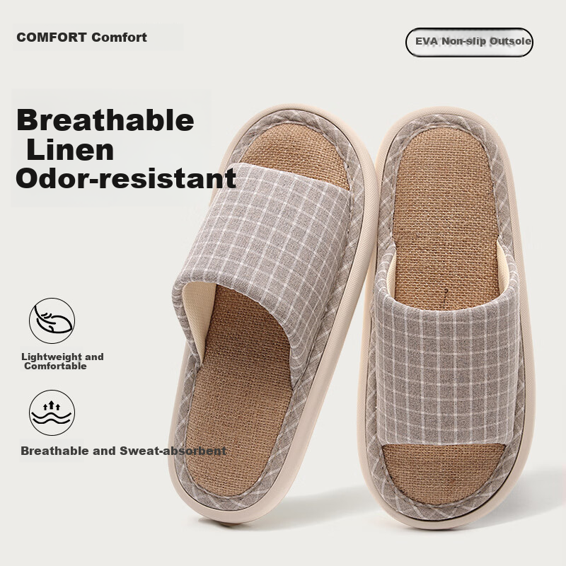 OHMYK Linen Slippers Men Spring Autumn Indoor Home Non-slip Breathable All-season Cotton Linen Fabric Slippers Women Coffee Color Size 40-41