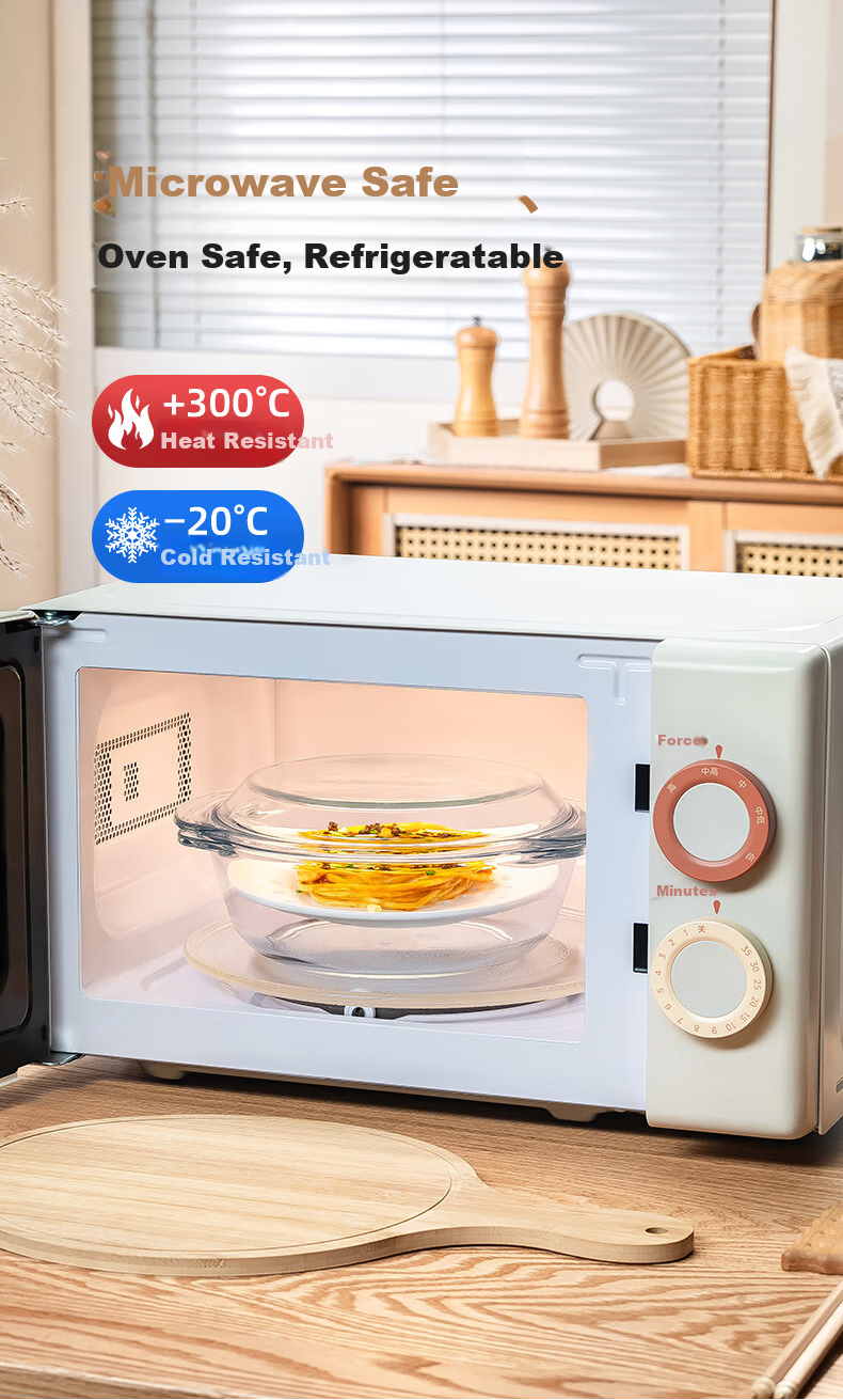 Genas Microwave Oven Special Steaming Bowl Steamer Basket Tray Double-Handle Transparent Heat-Resistant Glass Bowl 1.5L with Lid Soup Noodle Bowl 4