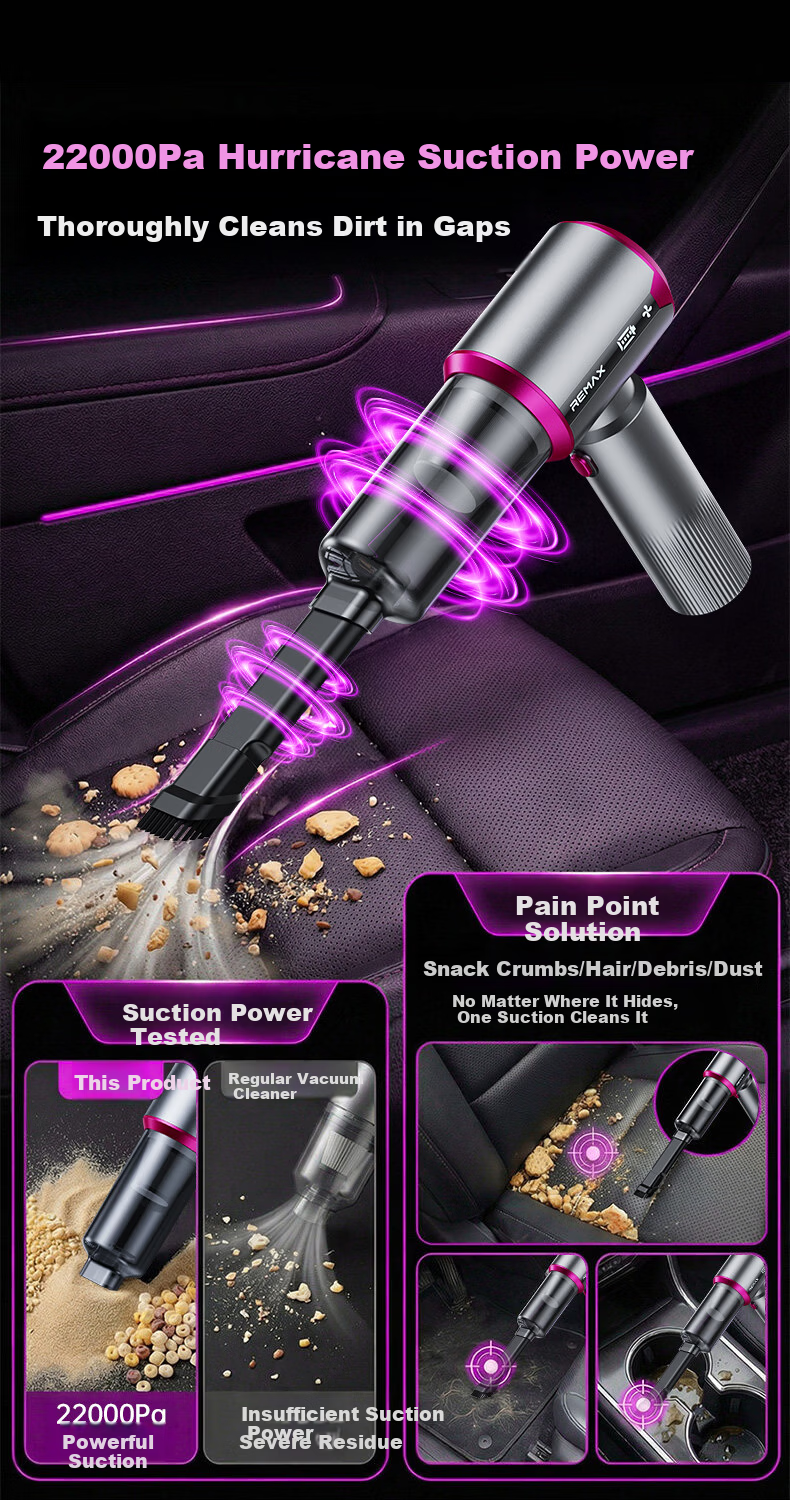 REWONDER German Top Configuration 22000PA Smart Interactive Car Vacuum Cleaner Handheld High Suction Long Battery Life Automotive Vacuum Gray Multifunctional Outdoor 18