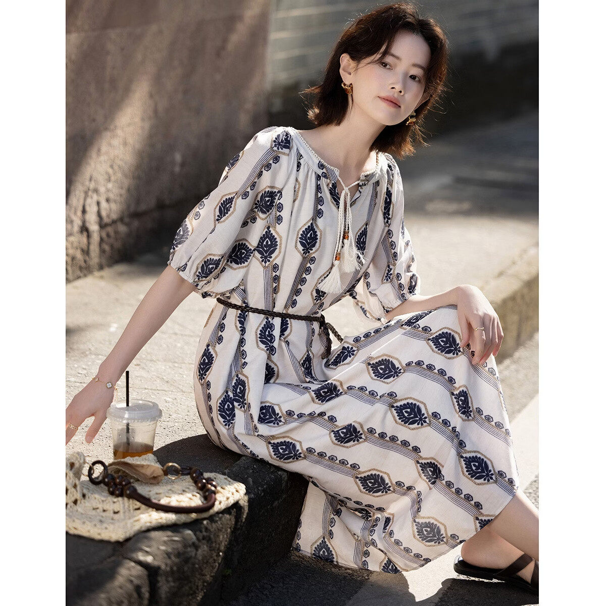 Demana [Vacation Choice] Summer Ethnic Style Printed V-Neck Tassel Tie Loose Slim Shirt for Women Premium Feel