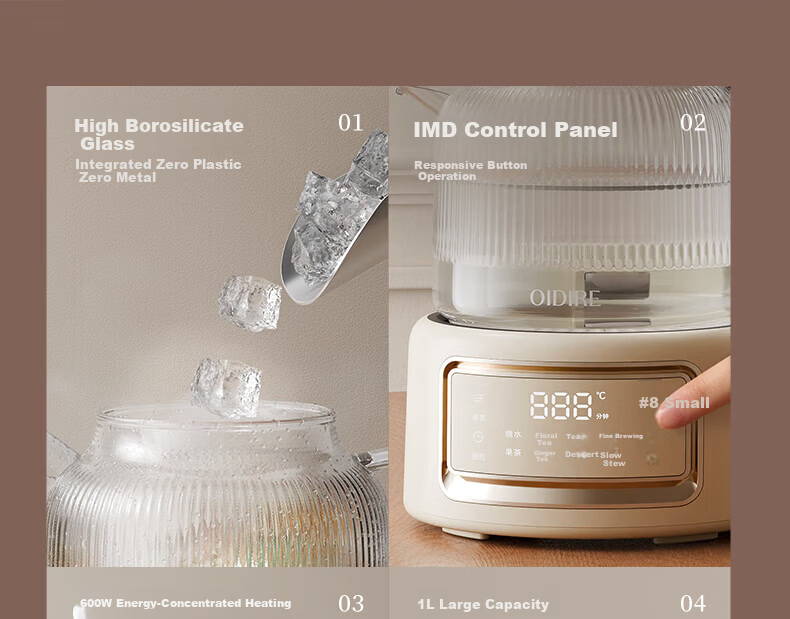 OIDIRE Health Pot Full Glass Flower Tea Kettle Electric Temperature Control Water Boiler Multi-Function 1L ODI-HC07 Standard Edition 5