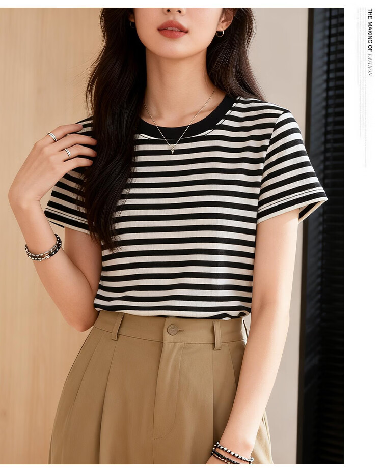 Yiershuang Women's Summer Base Layer T-Shirt, Lyocell Tencel Thin Striped Slimming Short Sleeve Top 13