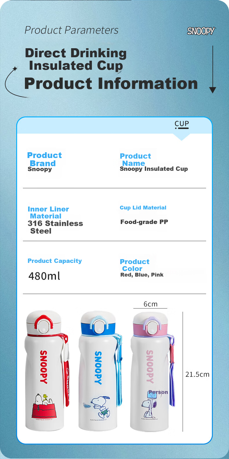 SNOOPY Children's Insulated Cup 316 Stainless Steel Boys and Girls Elementary School Students Portable Direct Drinking Bottle Water Cup with Lanyard 480ml Blue 7