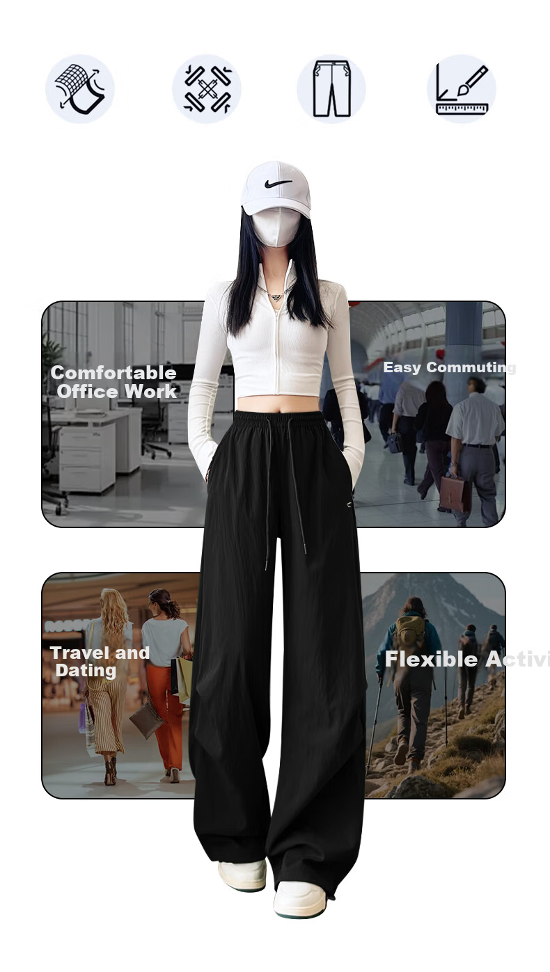 Langsha Embroidered Work Pants for Women 2026 Spring Summer Thin High Waist Slim Loose Straight Quick-Dry Ice Silk Wide-Leg Sports Pants 8