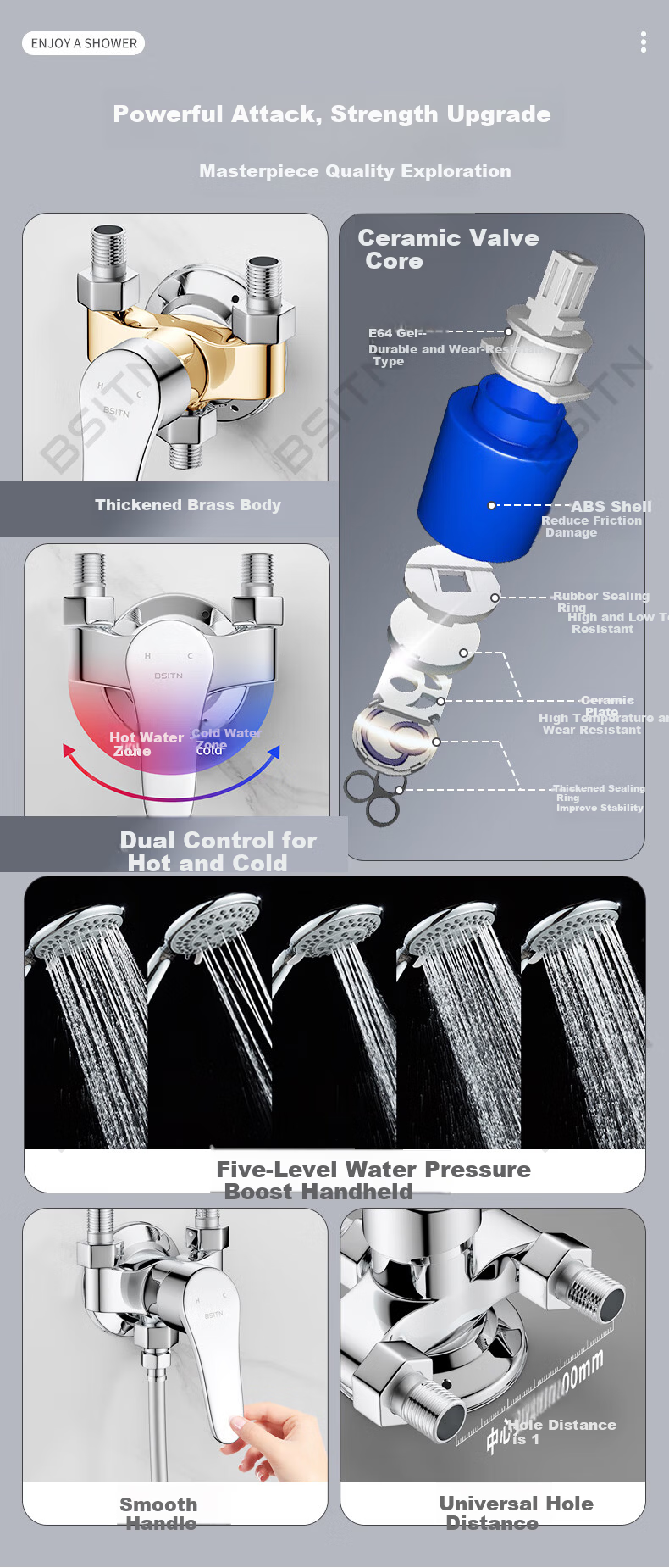 BSITN Simple Surface-Mounted Shower Set Small Apartment Copper Mixing Valve Shower Head Hose Bracket Complete Set Without Top Spray H024 2